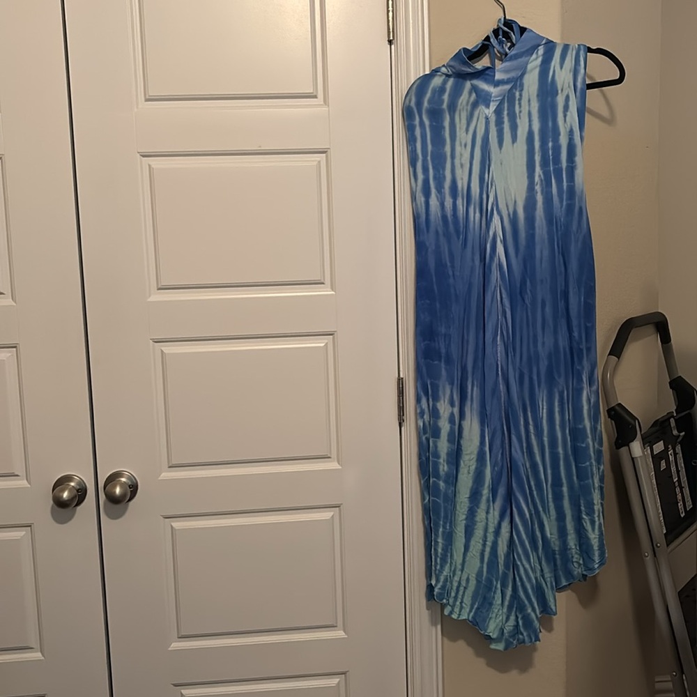 Blue Tie-Dye Halter Maxi Dress beach cover up L/XL